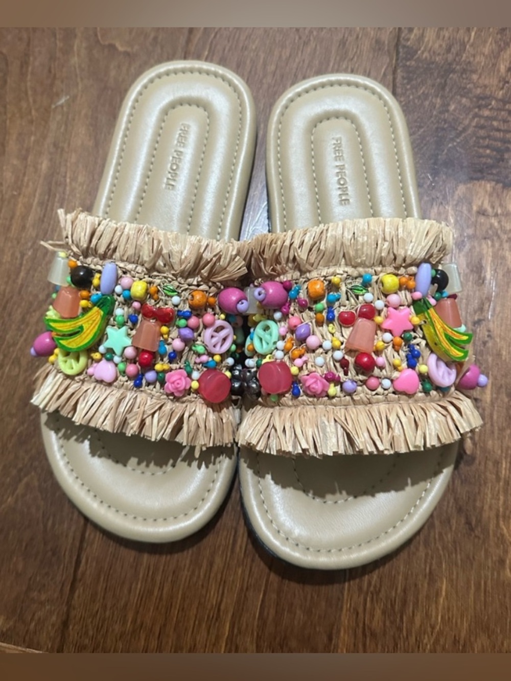 Free People Shipwrecked Multicolor Beaded Raffia Slide Sandals